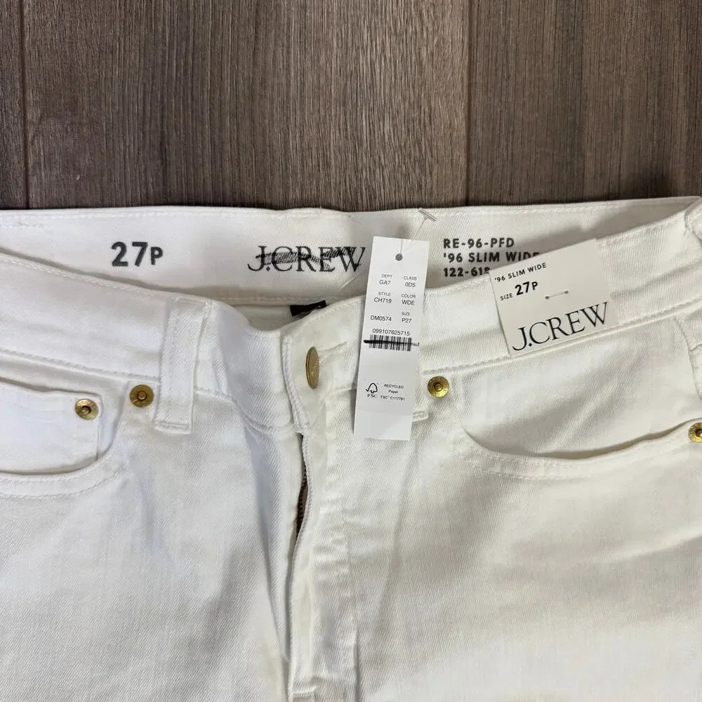 J.Crew Petite Slim-Wide Leg Jeans WMNS 27P White Denim 1996 Semi Stretch Raw Hem